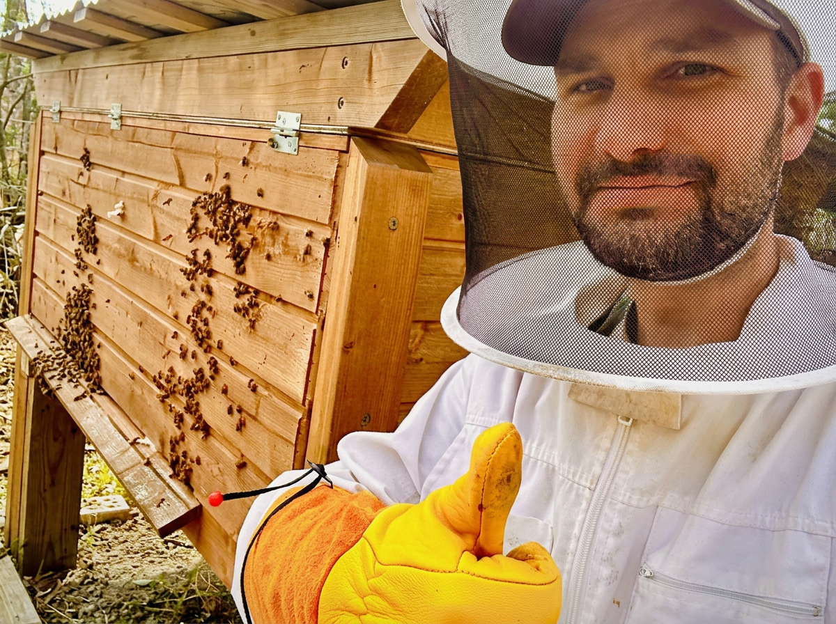 Beekeeper in veil giving a thumbs-up next to a hive covered in bees